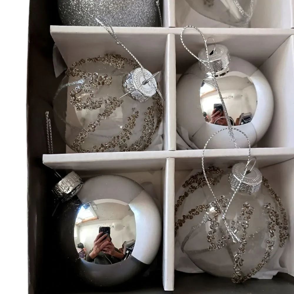 14 Martha Stewart Silver Glass Ornament Set Christmas Beaded‎ Glittery Bedford